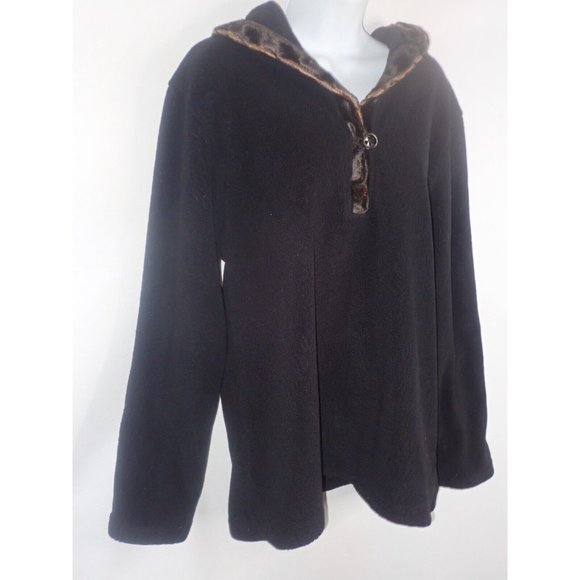 Wooly Bully Fleece pull over Hooded Top Women XL Button Neck Black faux fur trim - Picture 4 of 7
